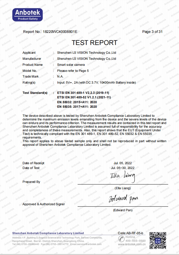 LS VISION-Anbotek Certification