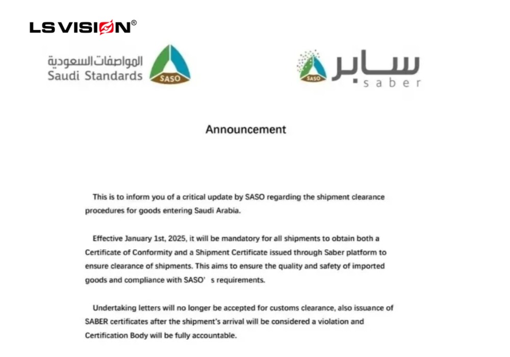 LS VISION-New SABER certification regulations for 2025 by Saudi Standards, Metrology and Quality Organization (SASO)